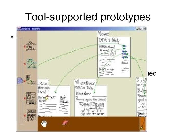Tool-supported prototypes • Low-fi with tool support. – DENIM (click) and Cog. Tool (fig