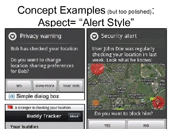 Concept Examples (but too polished): Aspect= “Alert Style” 