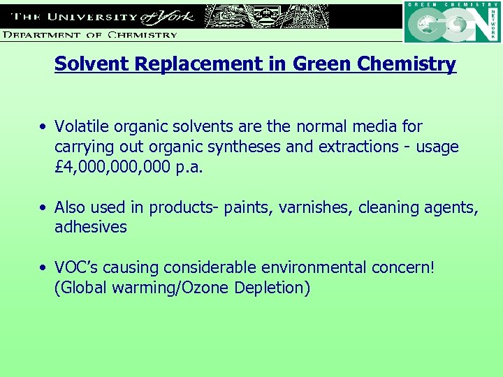 Solvent Replacement in Green Chemistry • Volatile organic solvents are the normal media for