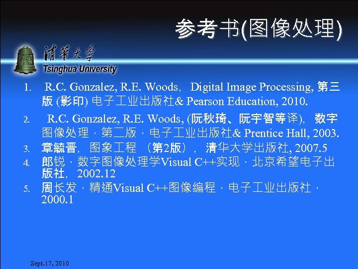 参考书(图像处理) 1. 2. 3. 4. 5. R. C. Gonzalez, R. E. Woods，Digital Image Processing,