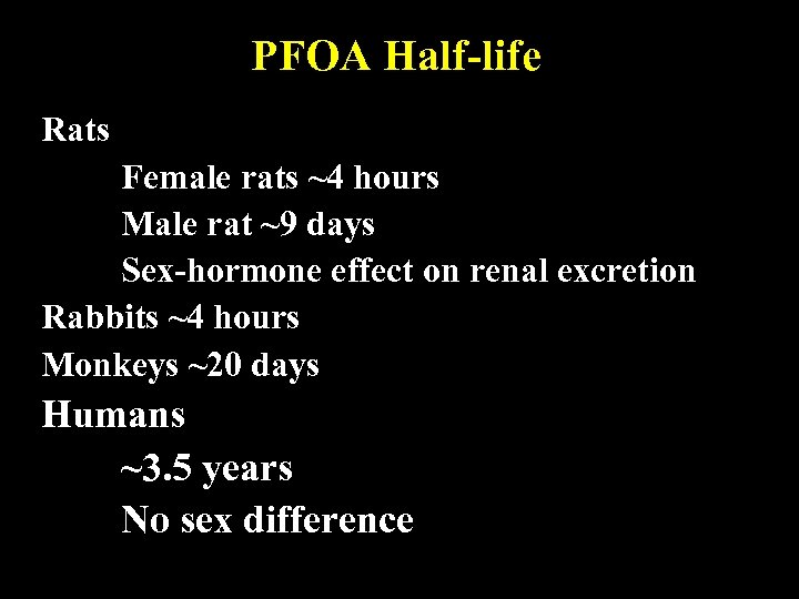 PFOA Half-life Rats Female rats ~4 hours Male rat ~9 days Sex-hormone effect on