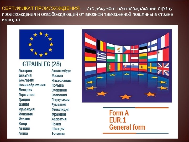 СЕРТИФИКАТ ПРОИСХОЖДЕНИЯ — это документ подтверждающий страну происхождения и освобождающий от ввозной таможенной пошлины