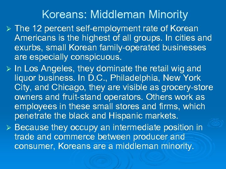 Koreans: Middleman Minority The 12 percent self-employment rate of Korean Americans is the highest