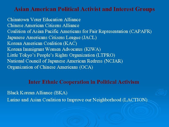 Asian American Political Activist and Interest Groups Chinatown Voter Education Alliance Chinese American Citizens