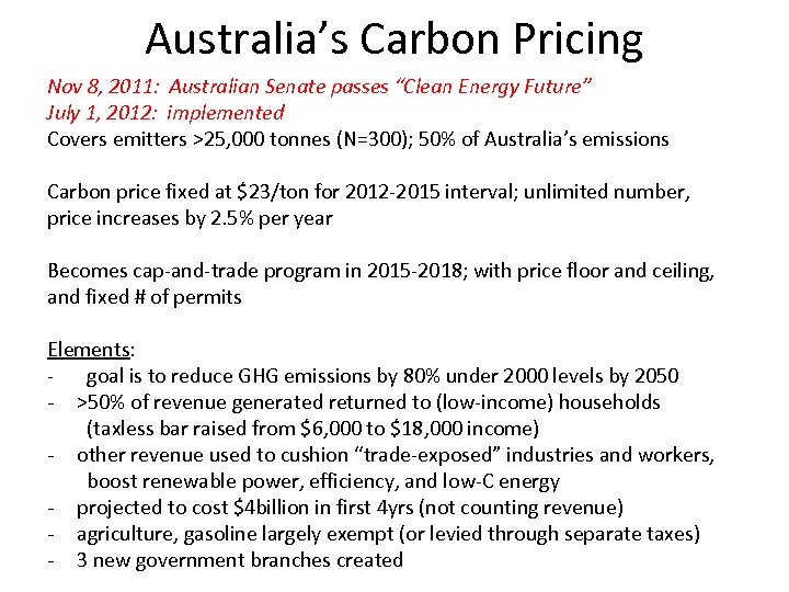 Australia’s Carbon Pricing Nov 8, 2011: Australian Senate passes “Clean Energy Future” July 1,