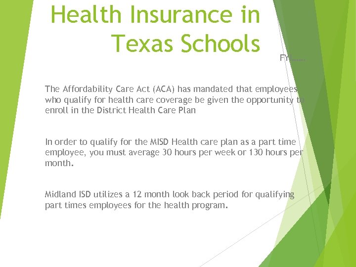 Health Insurance in Texas Schools FYI…… The Affordability Care Act (ACA) has mandated that