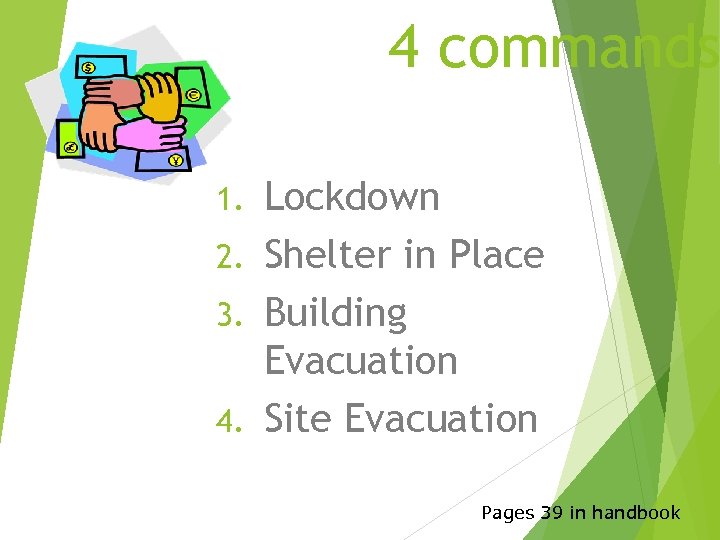 4 commands Lockdown 2. Shelter in Place 3. Building Evacuation 4. Site Evacuation 1.