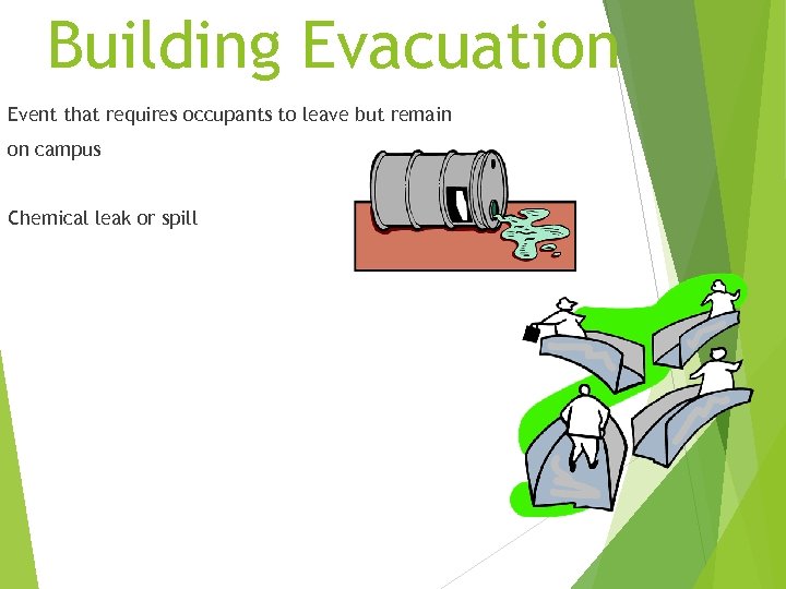 Building Evacuation Event that requires occupants to leave but remain on campus Chemical leak