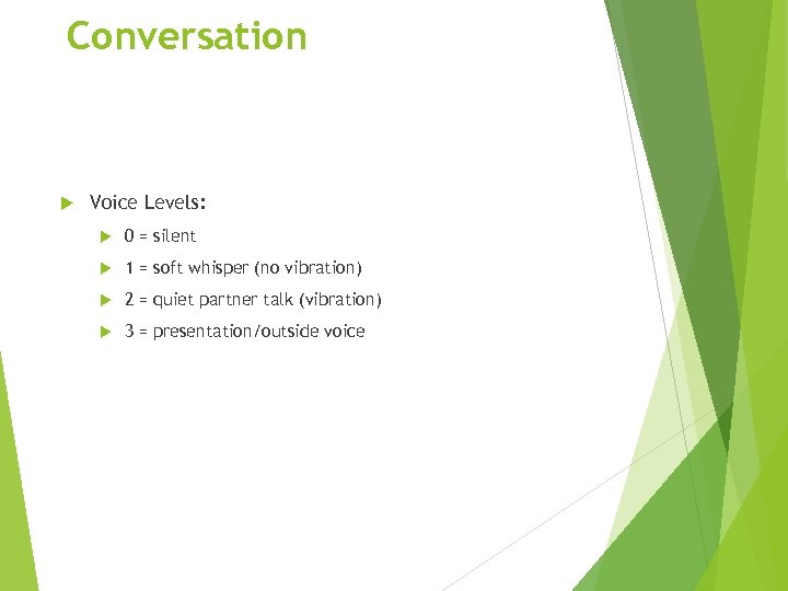 Conversation Voice Levels: 0 = silent 1 = soft whisper (no vibration) 2 =