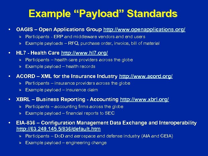 Example “Payload” Standards • OAGIS – Open Applications Group http: //www. openapplications. org/ »