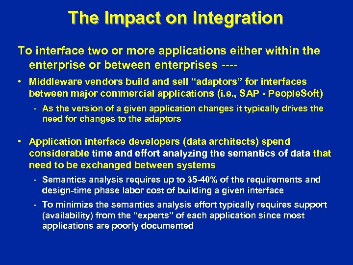 The Impact on Integration To interface two or more applications either within the enterprise