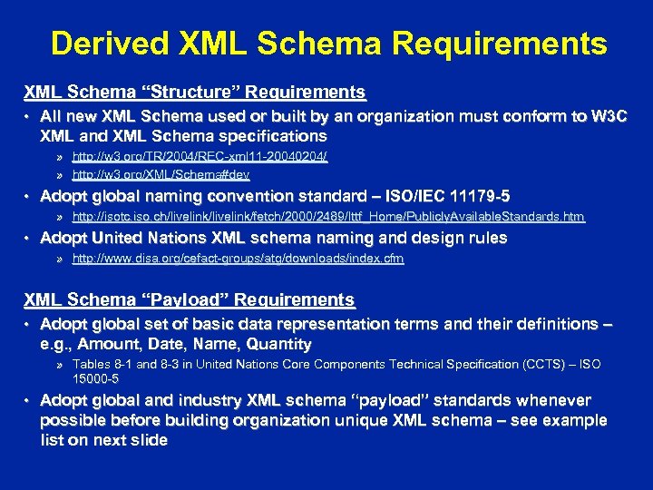 Derived XML Schema Requirements XML Schema “Structure” Requirements • All new XML Schema used