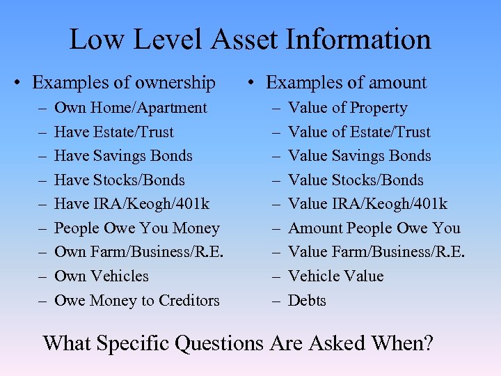 Low Level Asset Information • Examples of ownership – – – – – Own