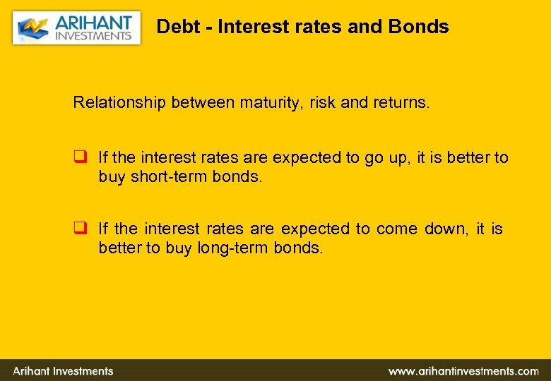 Debt - Interest rates and Bonds Relationship between maturity, risk and returns. q If
