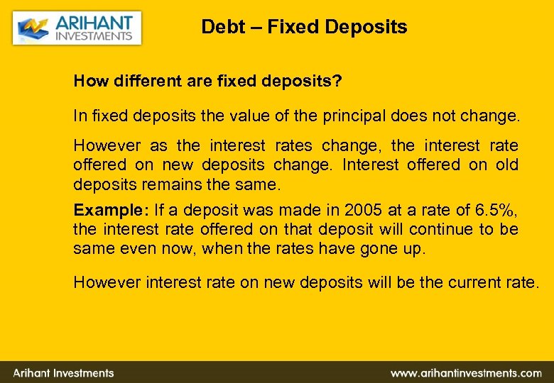 Debt – Fixed Deposits How different are fixed deposits? In fixed deposits the value
