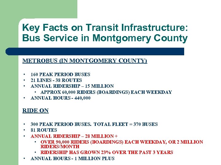 Key Facts on Transit Infrastructure: Bus Service in Montgomery County METROBUS (IN MONTGOMERY COUNTY)