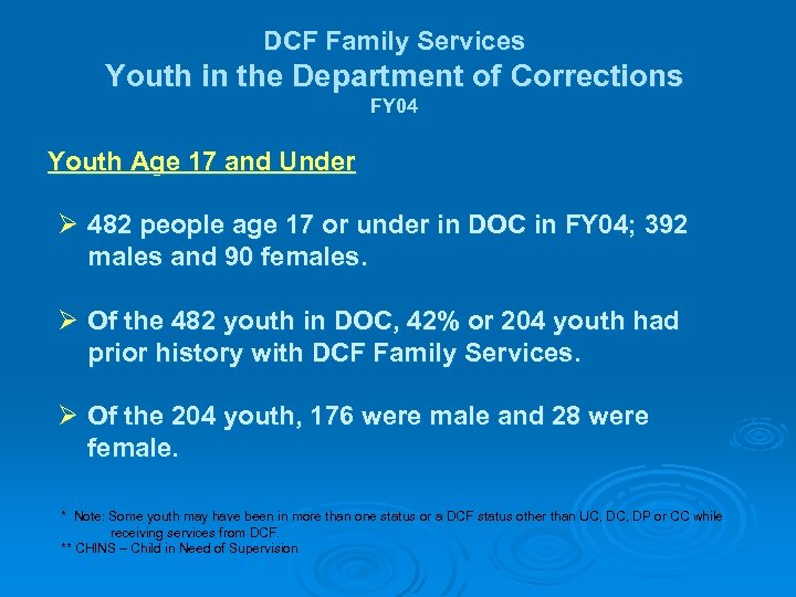 DCF Family Services Youth in the Department of Corrections FY 04 Youth Age 17