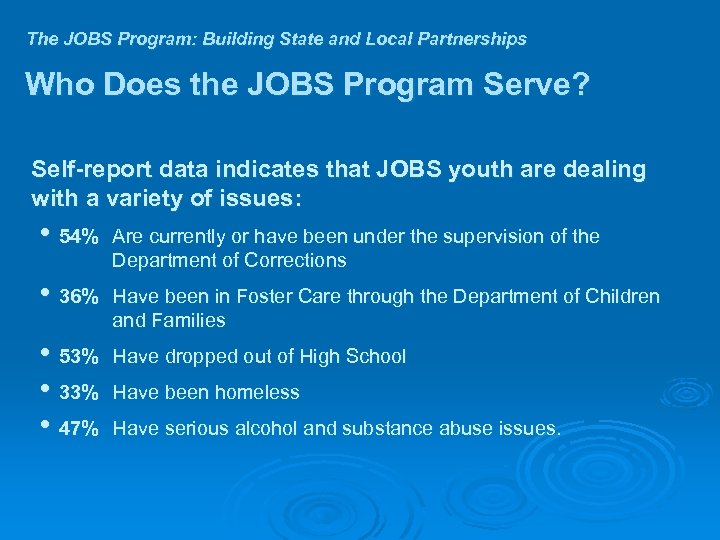 The JOBS Program: Building State and Local Partnerships Who Does the JOBS Program Serve?