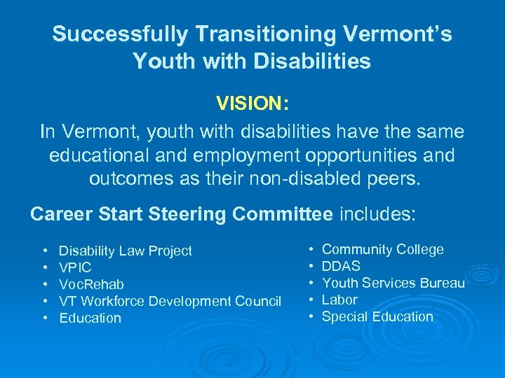 Successfully Transitioning Vermont’s Youth with Disabilities VISION: In Vermont, youth with disabilities have the