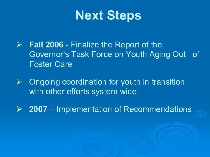 Next Steps Ø Fall 2006 - Finalize the Report of the Governor’s Task Force