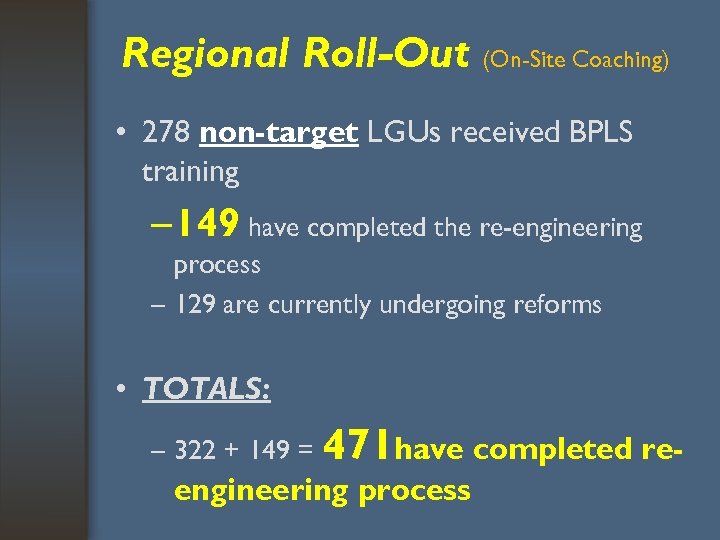 Regional Roll-Out (On-Site Coaching) • 278 non-target LGUs received BPLS training – 149 have