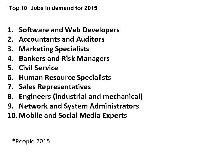 Top 10 Jobs in demand for 2015 1. Software and Web Developers 2. Accountants