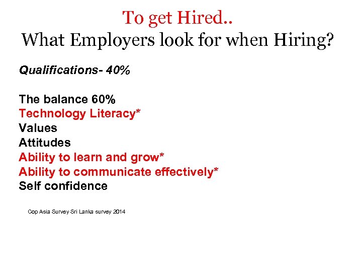 To get Hired. . What Employers look for when Hiring? Qualifications- 40% The balance