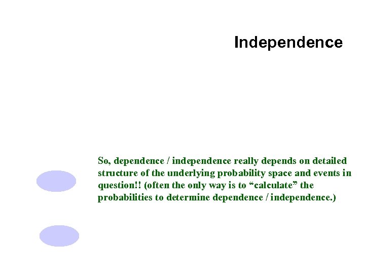 Independence So, dependence / independence really depends on detailed structure of the underlying probability