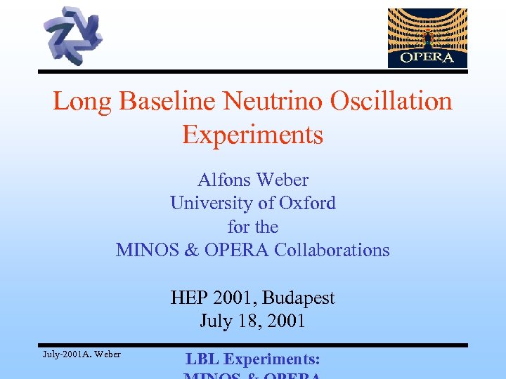 Long Baseline Neutrino Oscillation Experiments Alfons Weber University of Oxford for the MINOS &