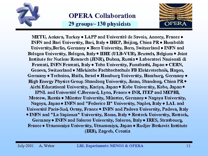 OPERA Collaboration 29 groups~ 130 physicists METU, Ankara, Turkey LAPP and Université de Savoie,