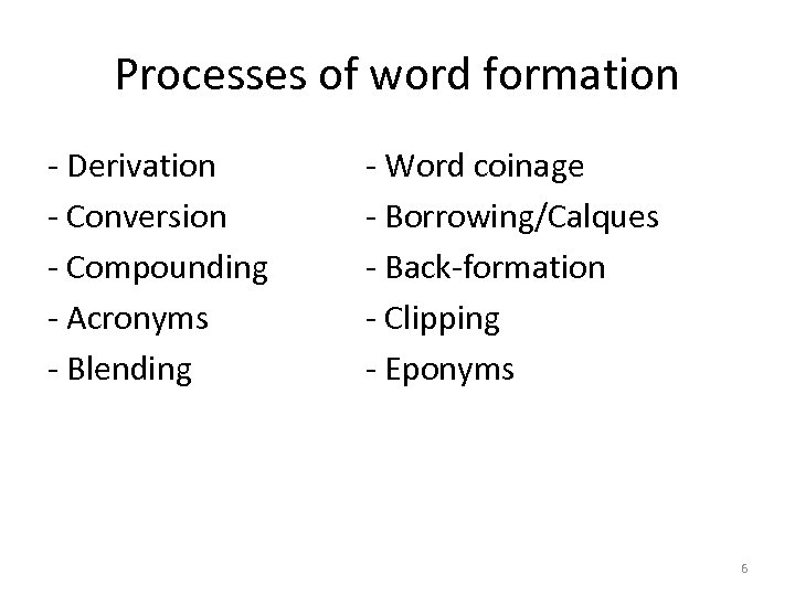 Processes of word formation - Derivation - Conversion - Compounding - Acronyms - Blending