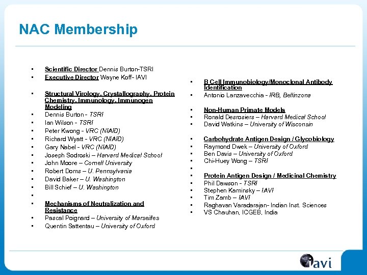 NAC Membership • • Scientific Director Dennis Burton-TSRI Executive Director Wayne Koff- IAVI •