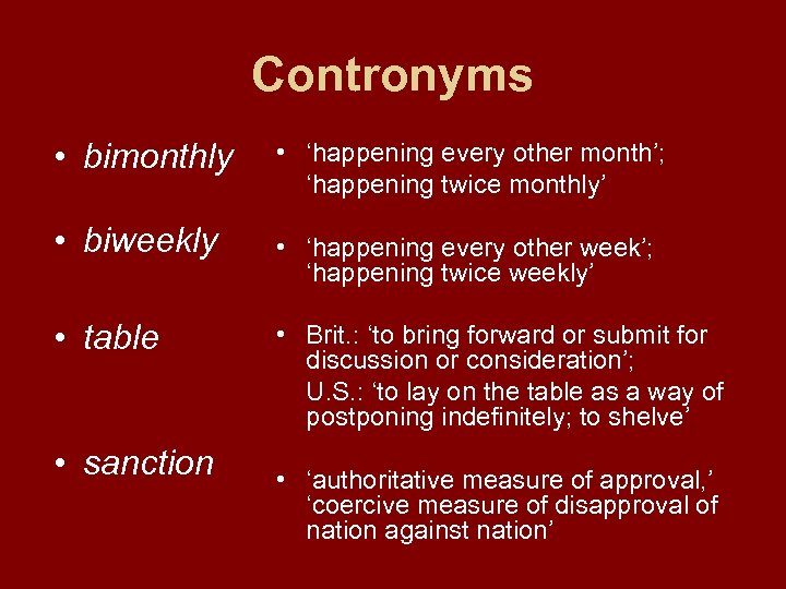 Contronyms • bimonthly • ‘happening every other month’; ‘happening twice monthly’ • biweekly •