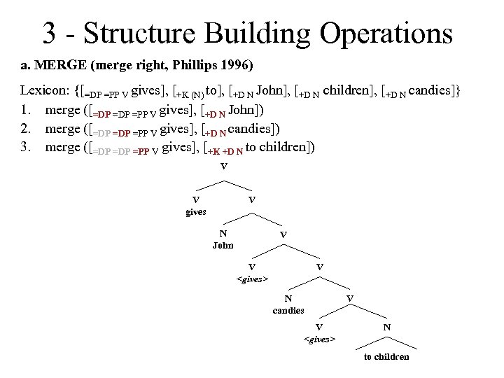 3 - Structure Building Operations a. MERGE (merge right, Phillips 1996) Lexicon: {[=DP =PP