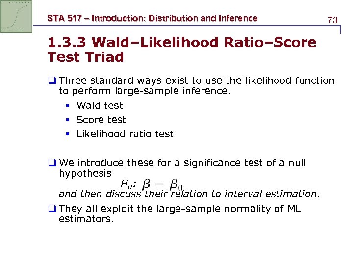 STA 517 – Introduction: Distribution and Inference 73 1. 3. 3 Wald–Likelihood Ratio–Score Test