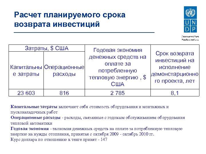 Расчет планируемого срока возврата инвестиций Затраты, $ США Годовая экономия Срок возврата денежных средств