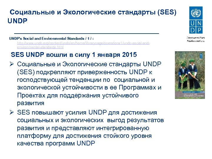  Социальные и Экологические стандарты (SES) UNDP's Social and Environmental Standards / 1 /
