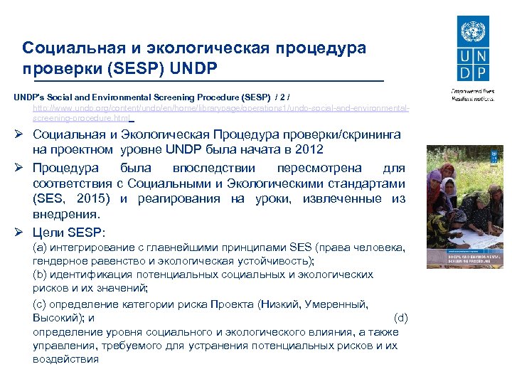 Социальная и экологическая процедура проверки (SESP) UNDP's Social and Environmental Screening Procedure (SESP) /