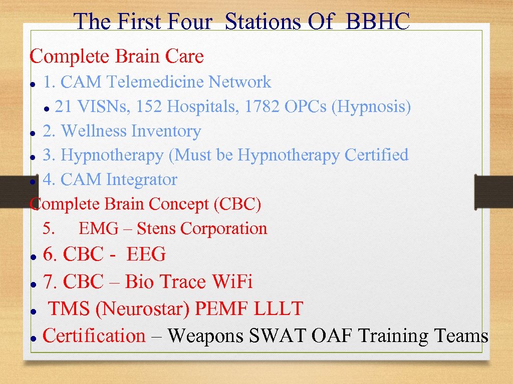 The First Four Stations Of BBHC Complete Brain Care 1. CAM Telemedicine Network 21