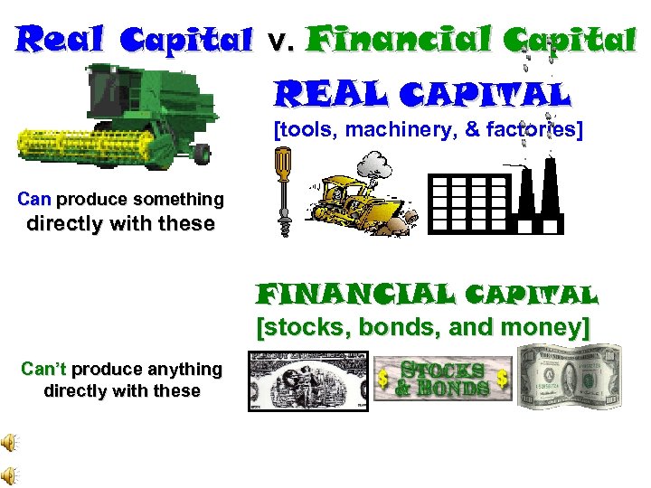 Real Capital v. Financial Capital REAL CAPITAL [tools, machinery, & factories] Can produce something