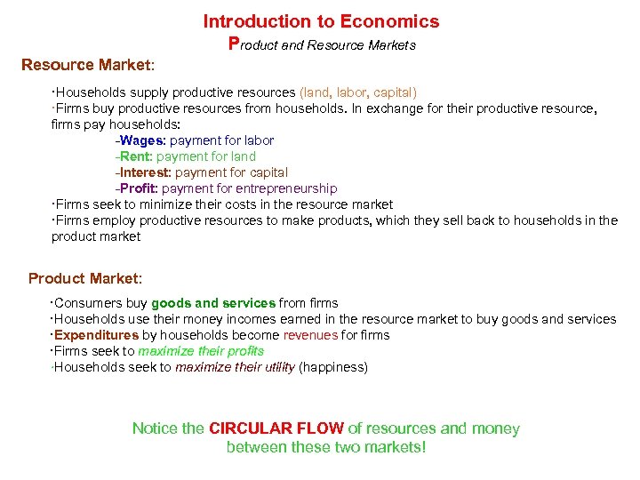 Introduction to Economics Product and Resource Markets Resource Market: ·Households supply productive resources (land,