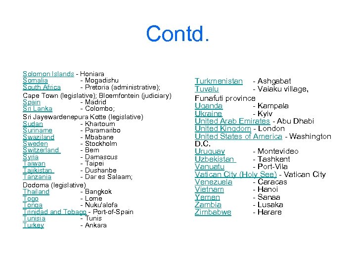 Contd. Solomon Islands - Honiara Somalia - Mogadishu South Africa - Pretoria (administrative); Cape