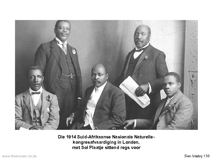 Die 1914 Suid-Afrikaanse Nasionale Naturellekongresafvaardiging in Londen, met Sol Plaatje sittend regs voor www.