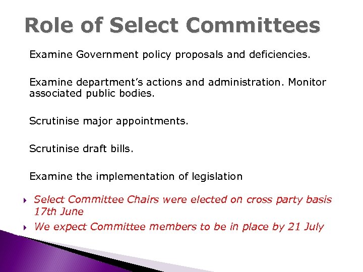 Role of Select Committees Examine Government policy proposals and deficiencies. Examine department’s actions and