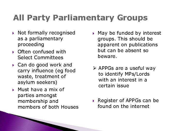 All Party Parliamentary Groups Not formally recognised as a parliamentary proceeding Often confused with