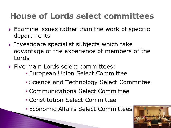 House of Lords select committees Examine issues rather than the work of specific departments