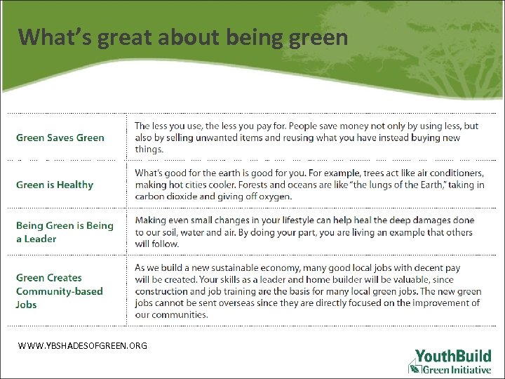 What’s great about being green WWW. YBSHADESOFGREEN. ORG 