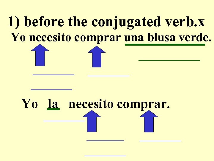 1) before the conjugated verb. x Yo necesito comprar una blusa verde. __________ _____