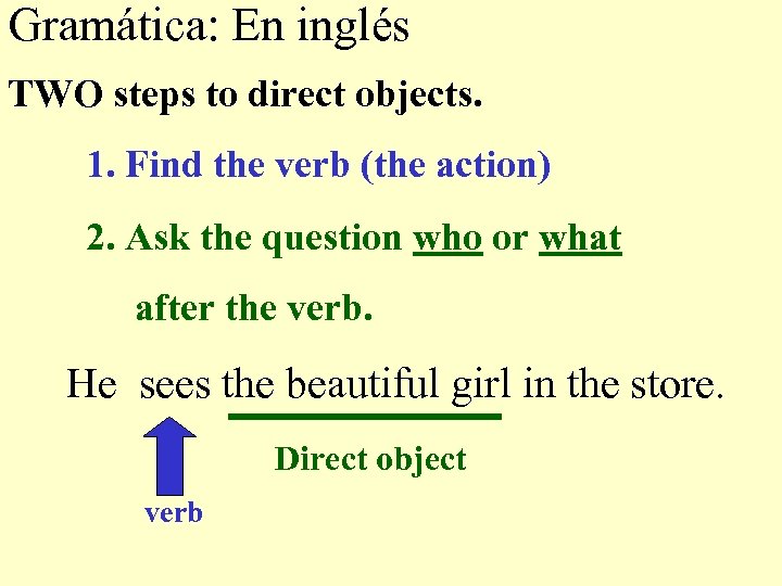 Gramática: En inglés TWO steps to direct objects. 1. Find the verb (the action)