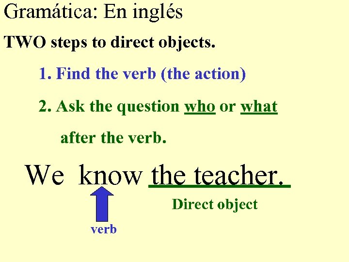 Gramática: En inglés TWO steps to direct objects. 1. Find the verb (the action)